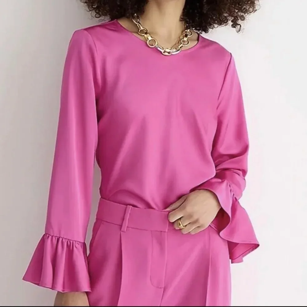 J Crew Womens Winter Garden Top Azalea Pink Ruffle Cuff Long Sleeve size XXS